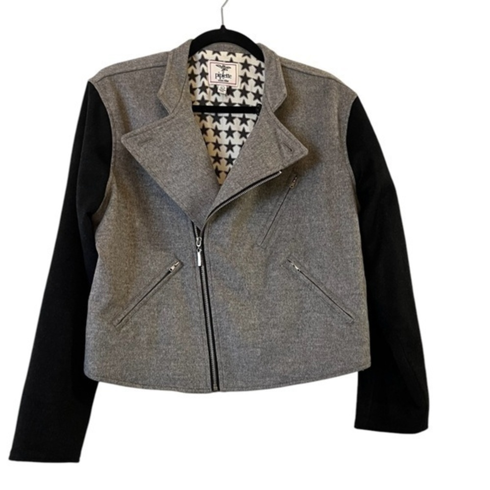 piplette by Alice Ritter gray & black military style wool biker moto jacket, L